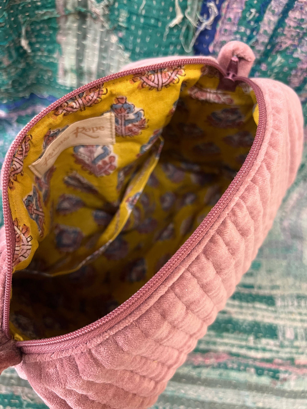 Mauve Velvet and Block Print Lined Cosmetic Pouch