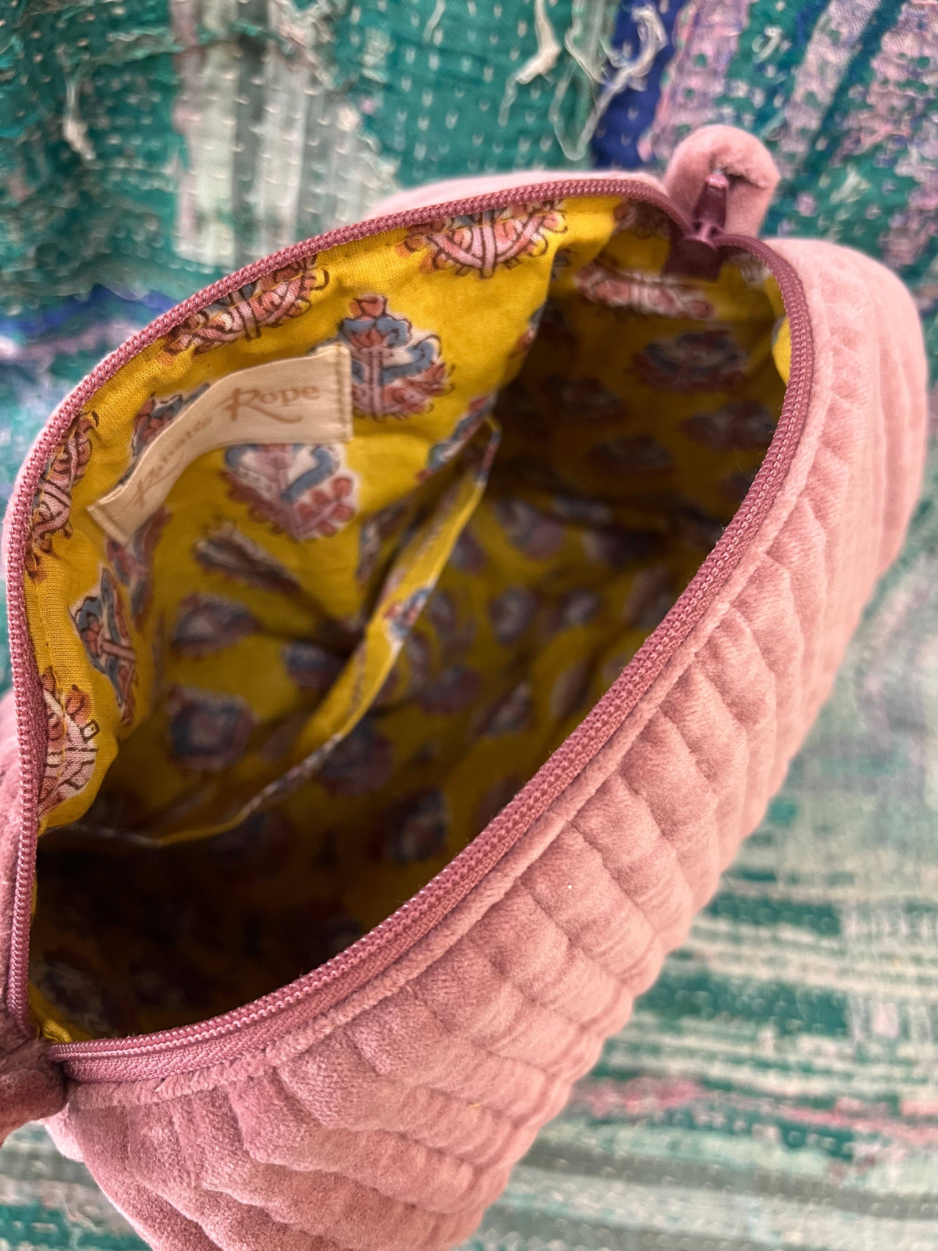 Mauve Velvet and Block Print Lined Cosmetic Pouch