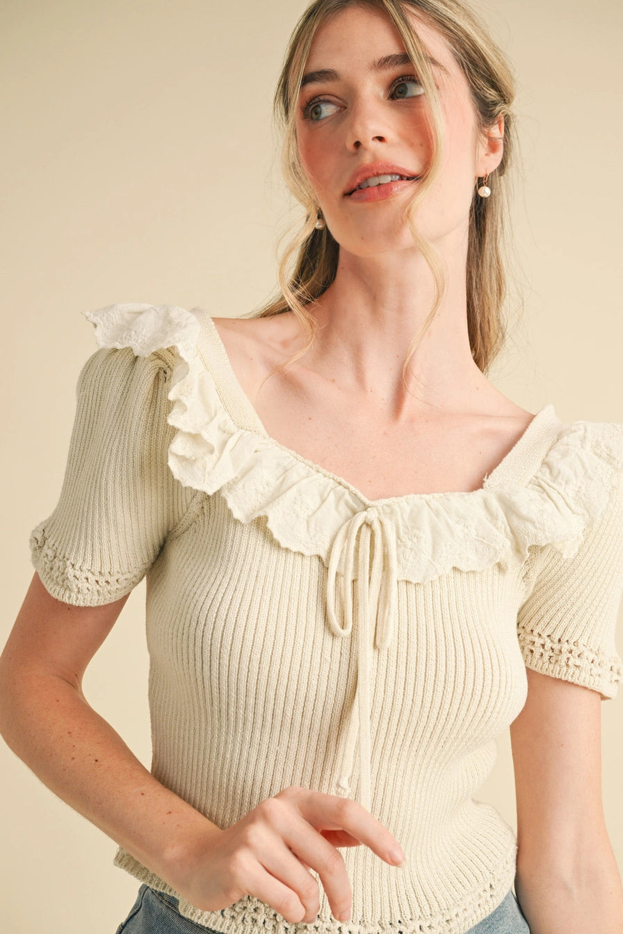 Ecru Ruffle Trim Short Sleeve Sweater