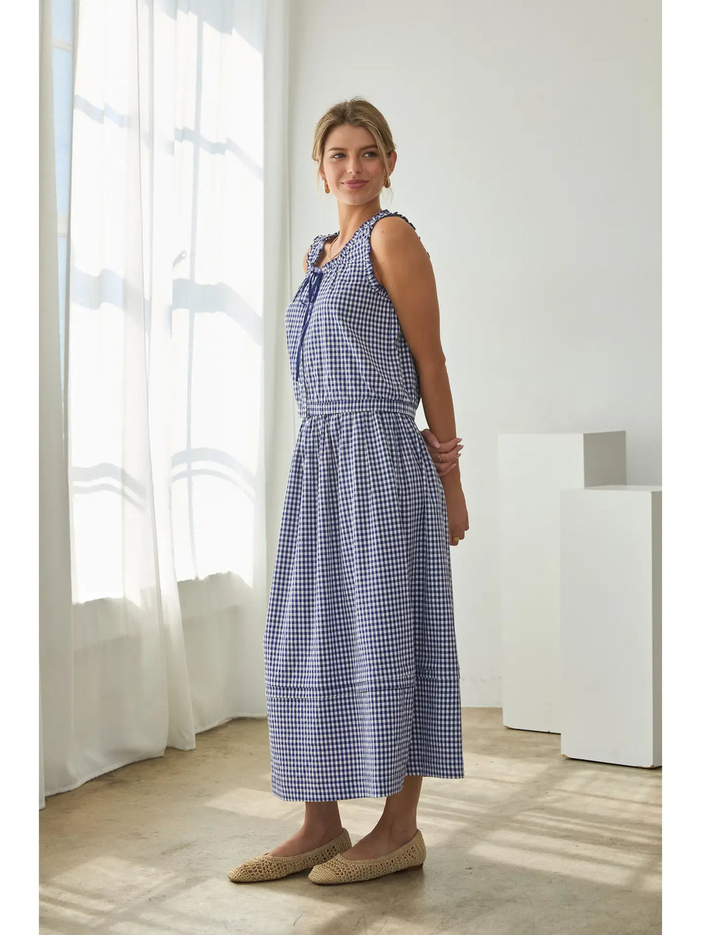 Gingham Front Button Sleeveless Top