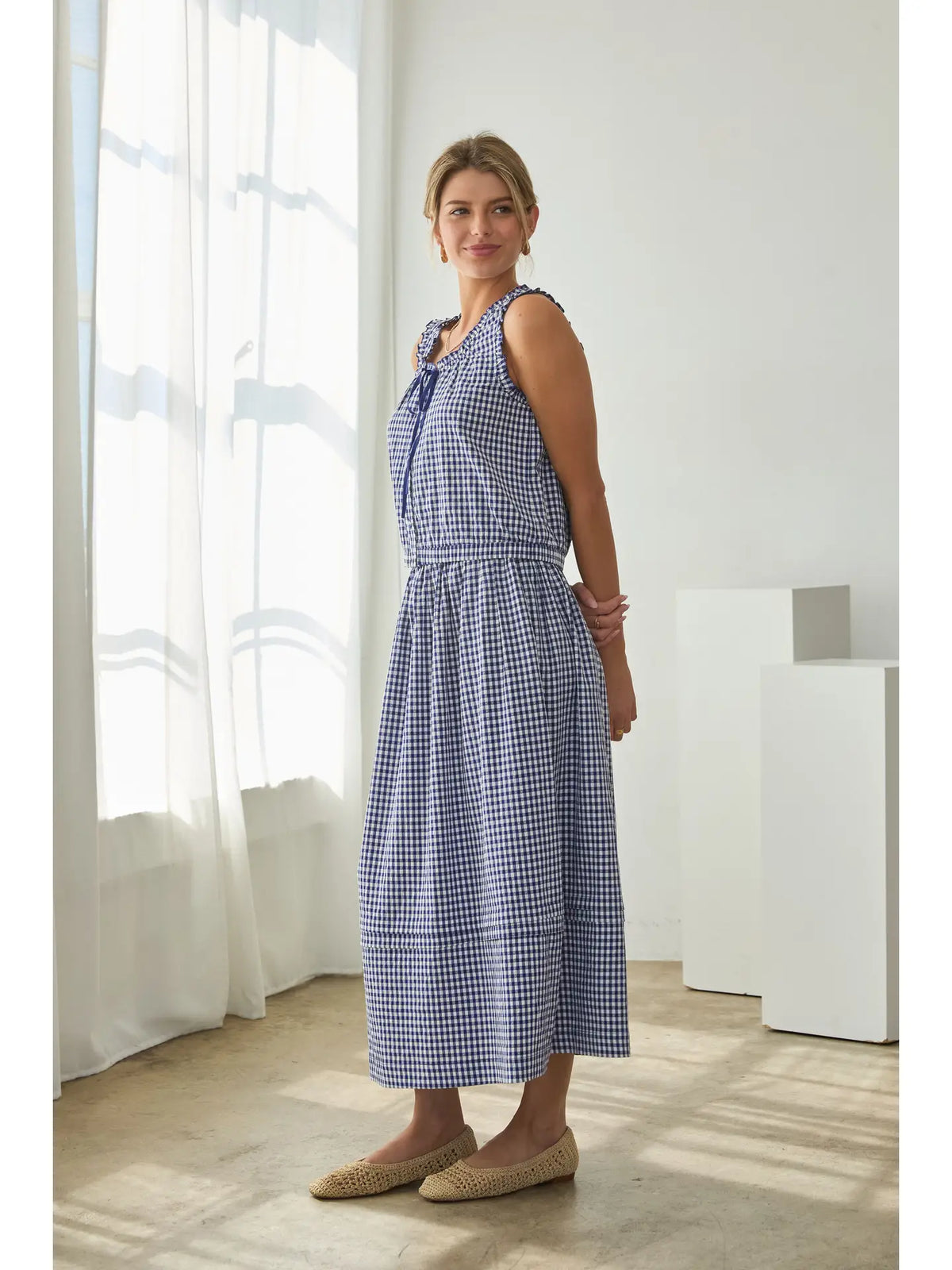 knee length dresses for ladies Baltic Born Womens Poppy Midi Dress | Blue + Off White main image 1