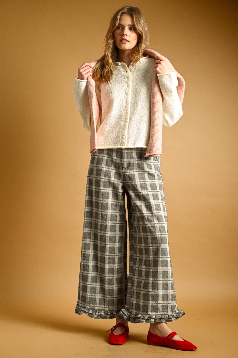 Ruffle Detail Plaid Pants