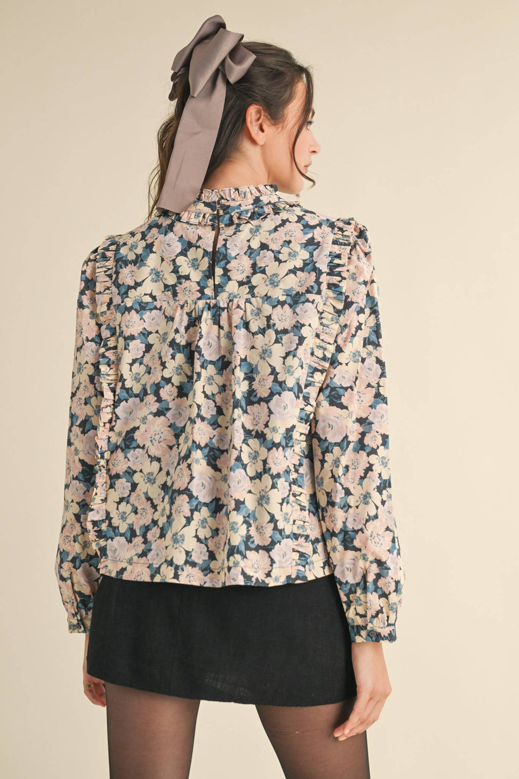 Pintuck Ruffled Floral Top