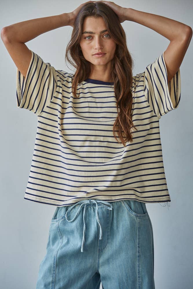 Striped Crew Neck Top in Natural Navy