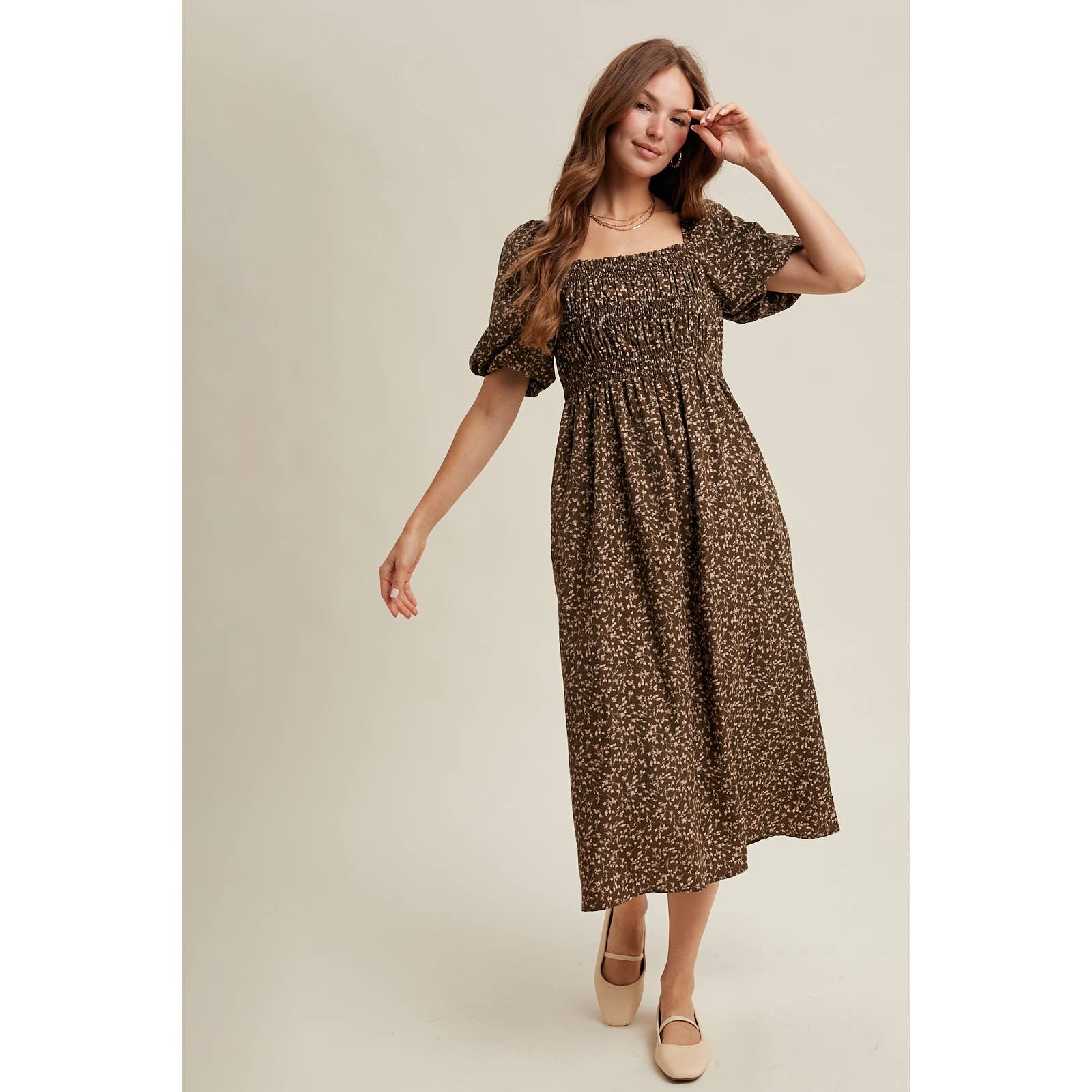 Floral Puff Sleeve Midi Dress