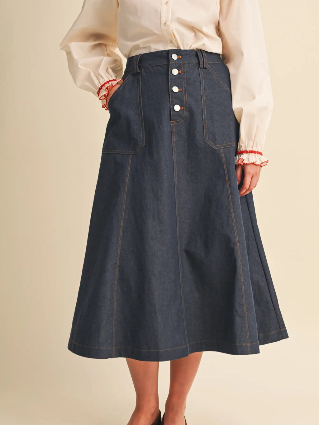 Denim A-Line Midi Skirt