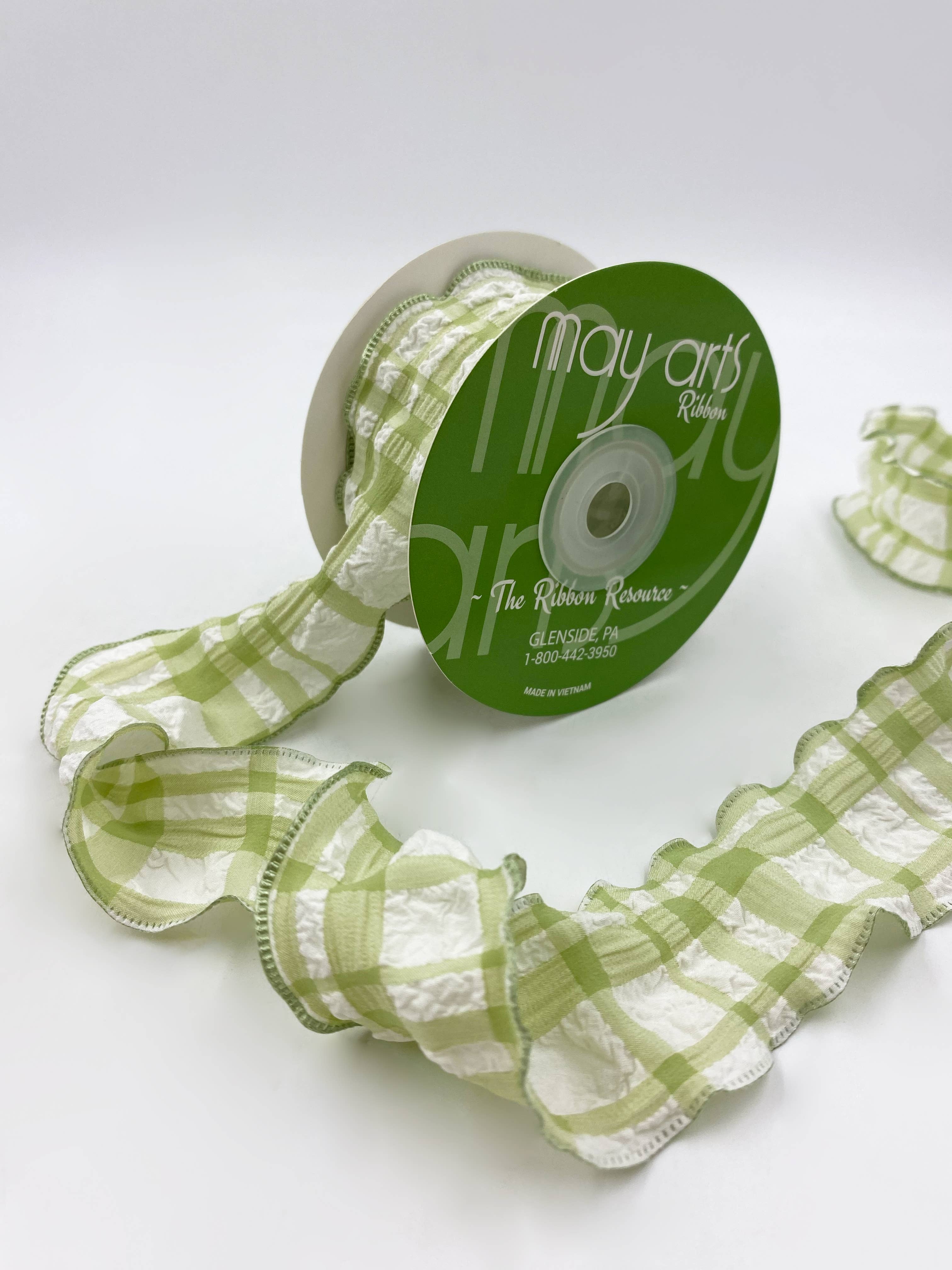 Celery & White Seersucker Plaid Ruffled Edge Ribbon