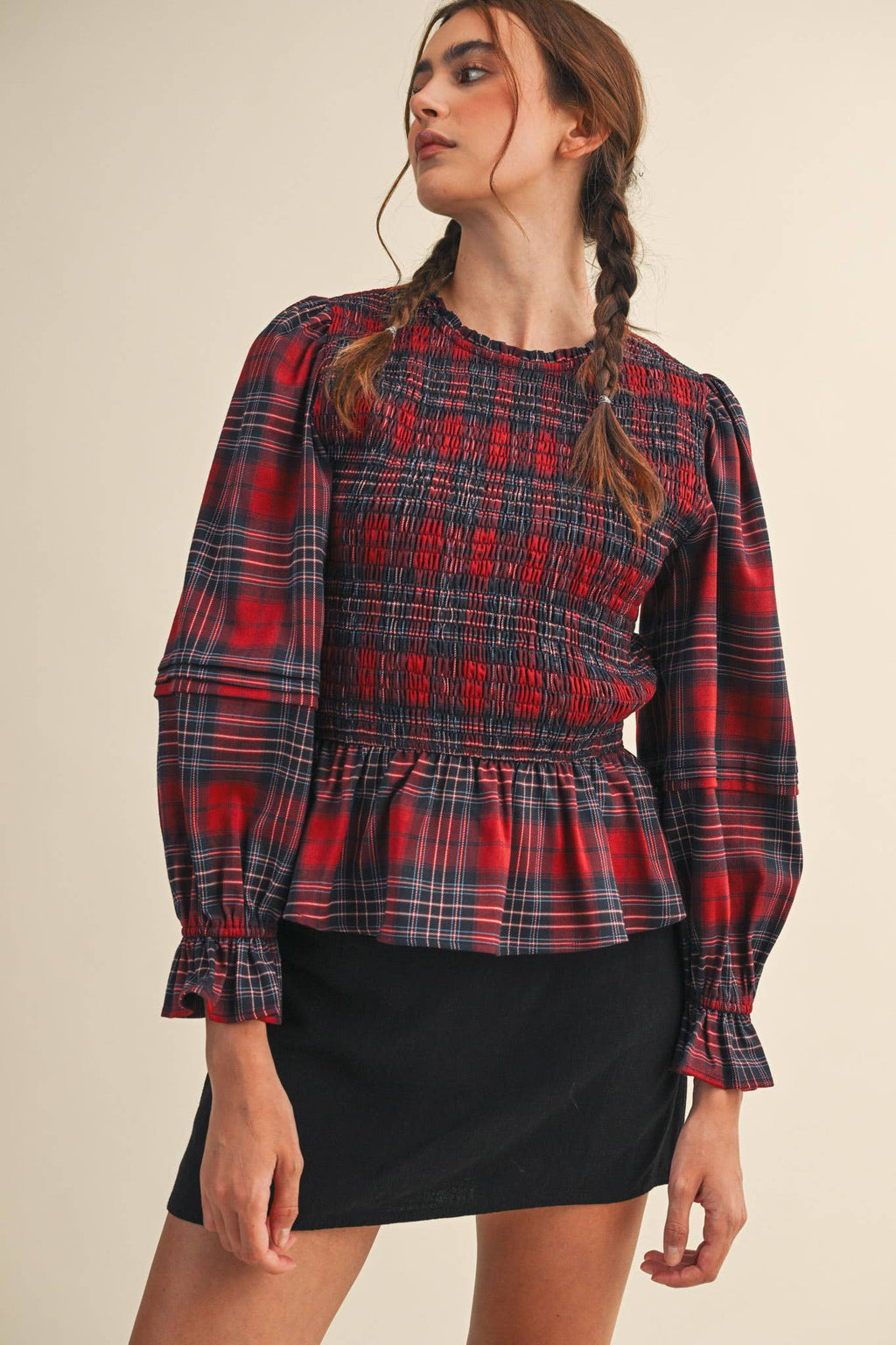 Smocked Plaid Puff Sleeve Peplum Top