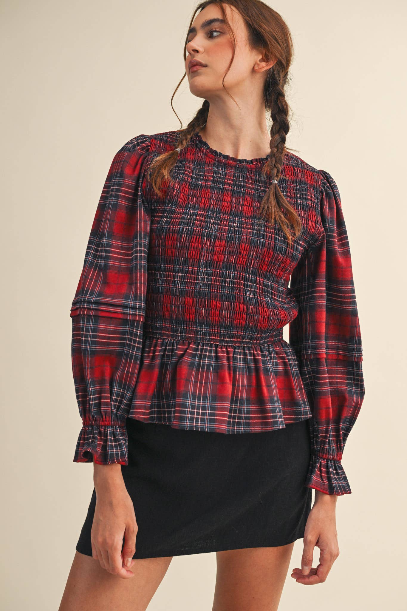 Smocked Plaid Puff Sleeve Peplum Top