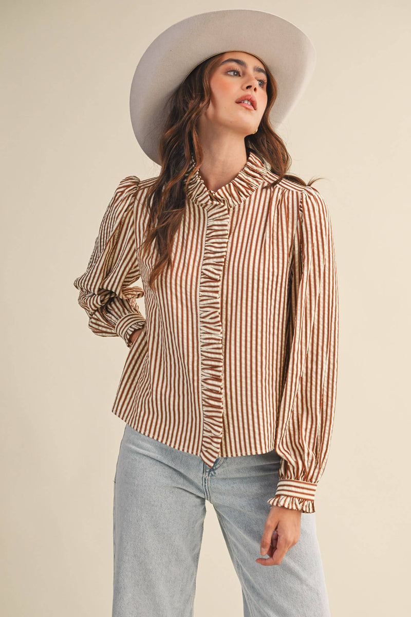 Striped Ruffled Button Down Top