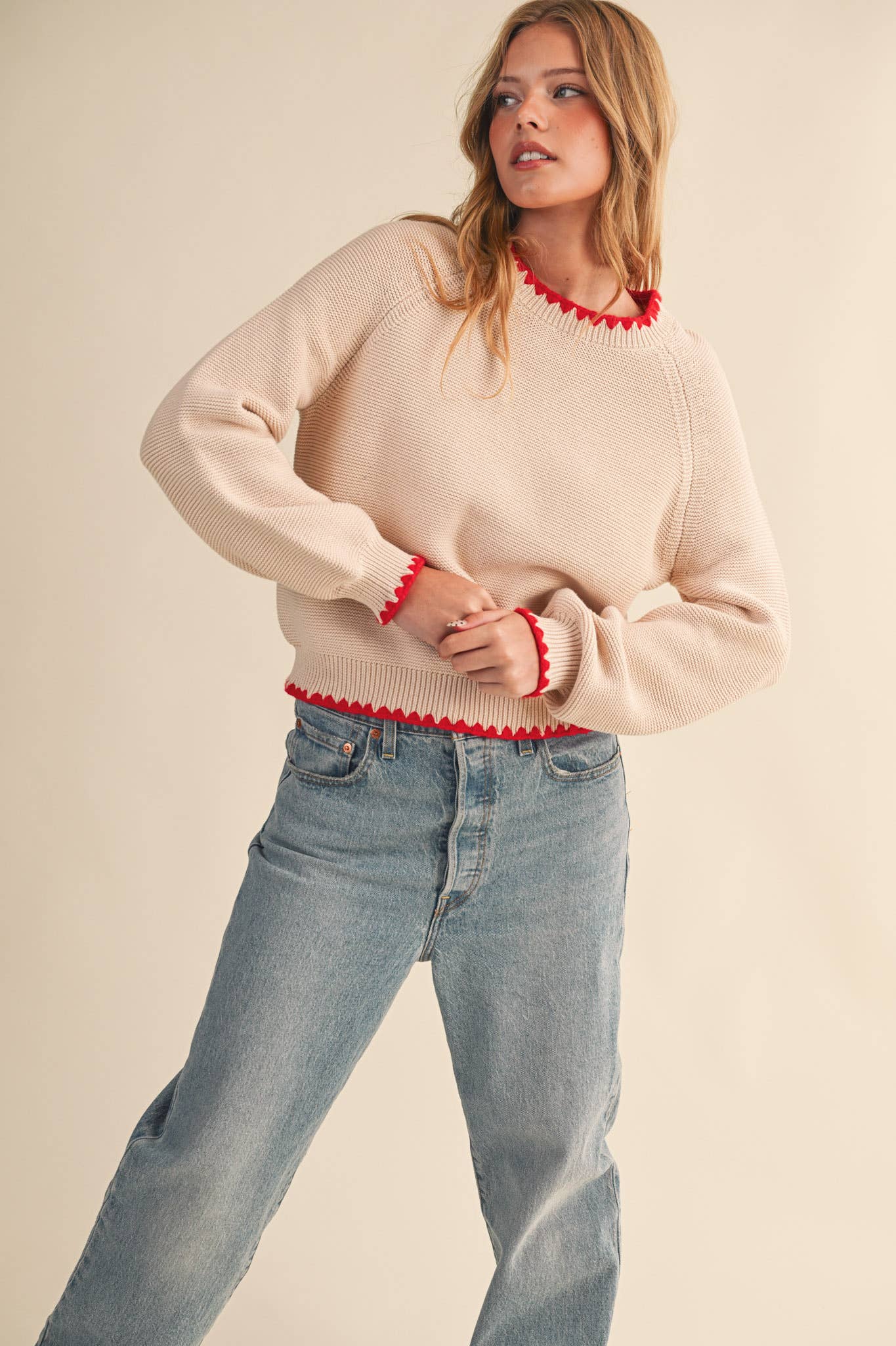 Contrast Stitch Puff Sleeve Sweater