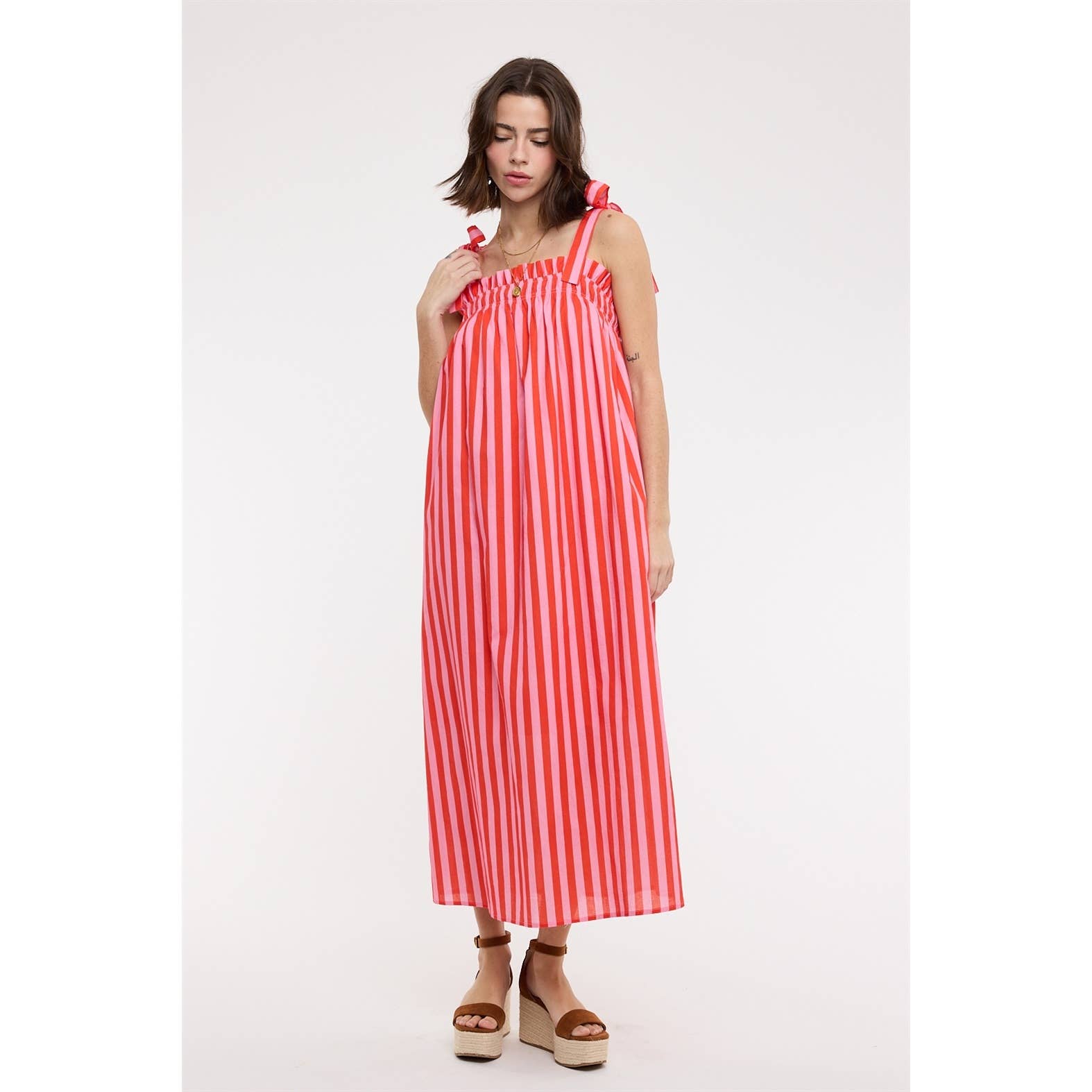 Striped Shoulder Tie Midi Dress