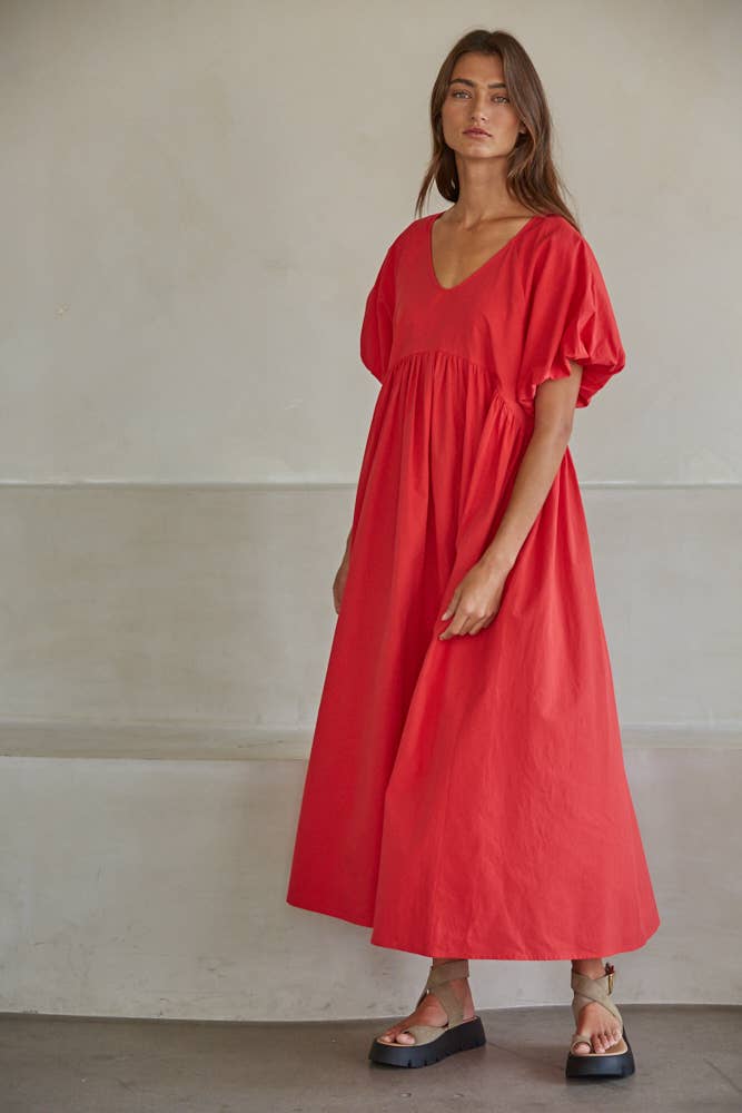 V-Neck Puff Sleeve Maxi Dress