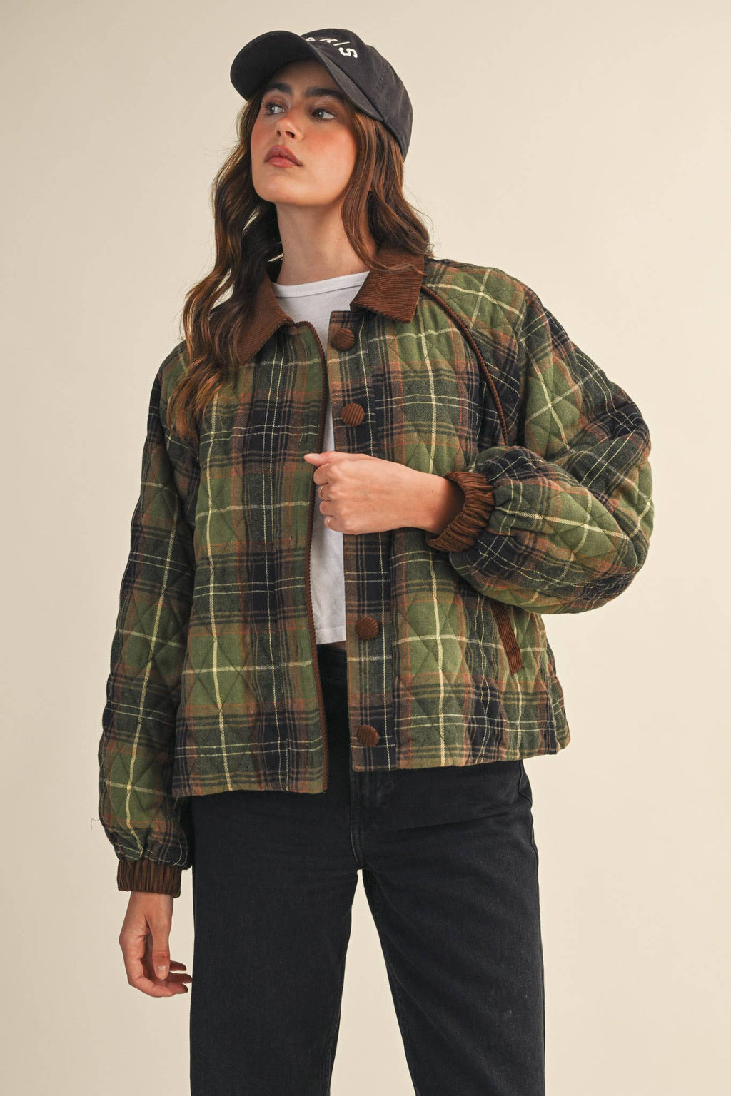 Plaid Quilted Jacket with Contrast Corduroy Detail