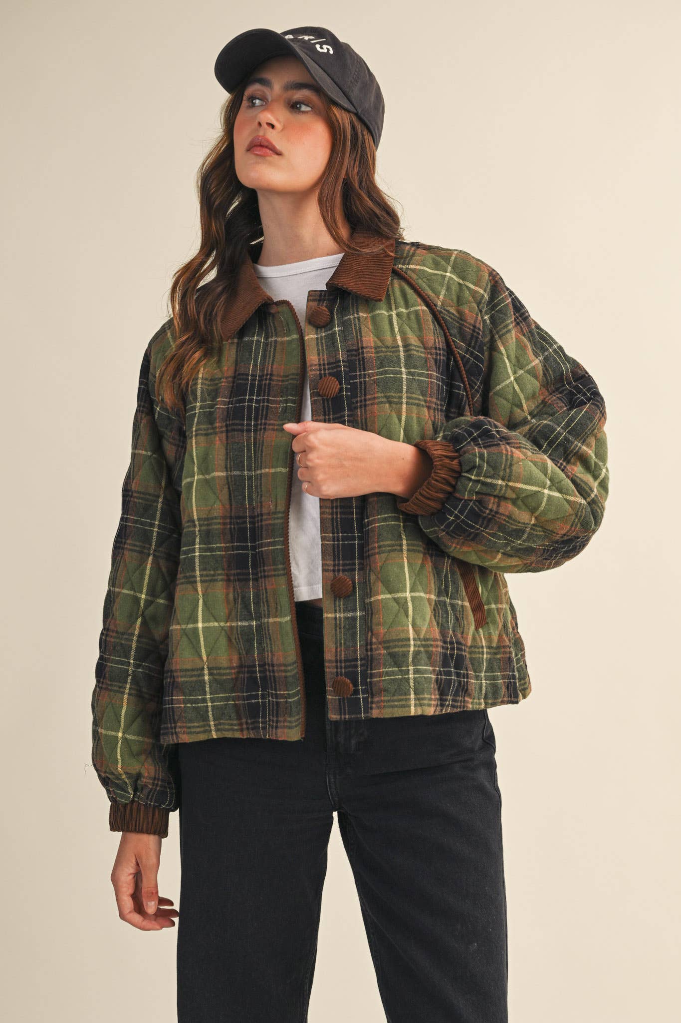 Plaid Quilted Jacket with Contrast Corduroy Detail