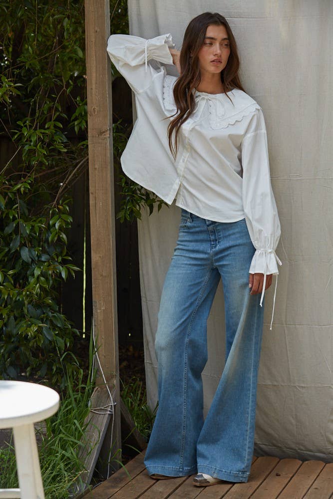 Buttondown Embroidered Wide Collar Top