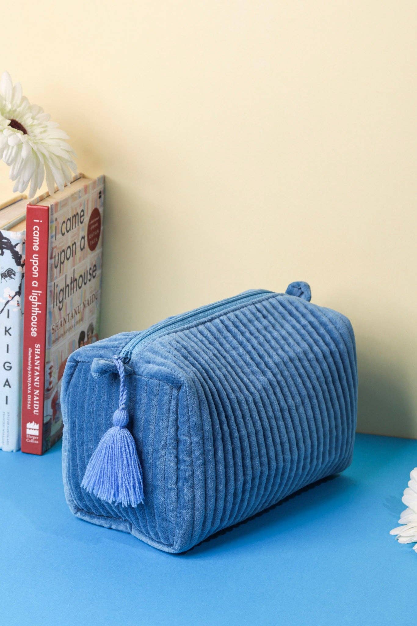 Indigo Velvet & Block Print Lined Cosmetic Pouch