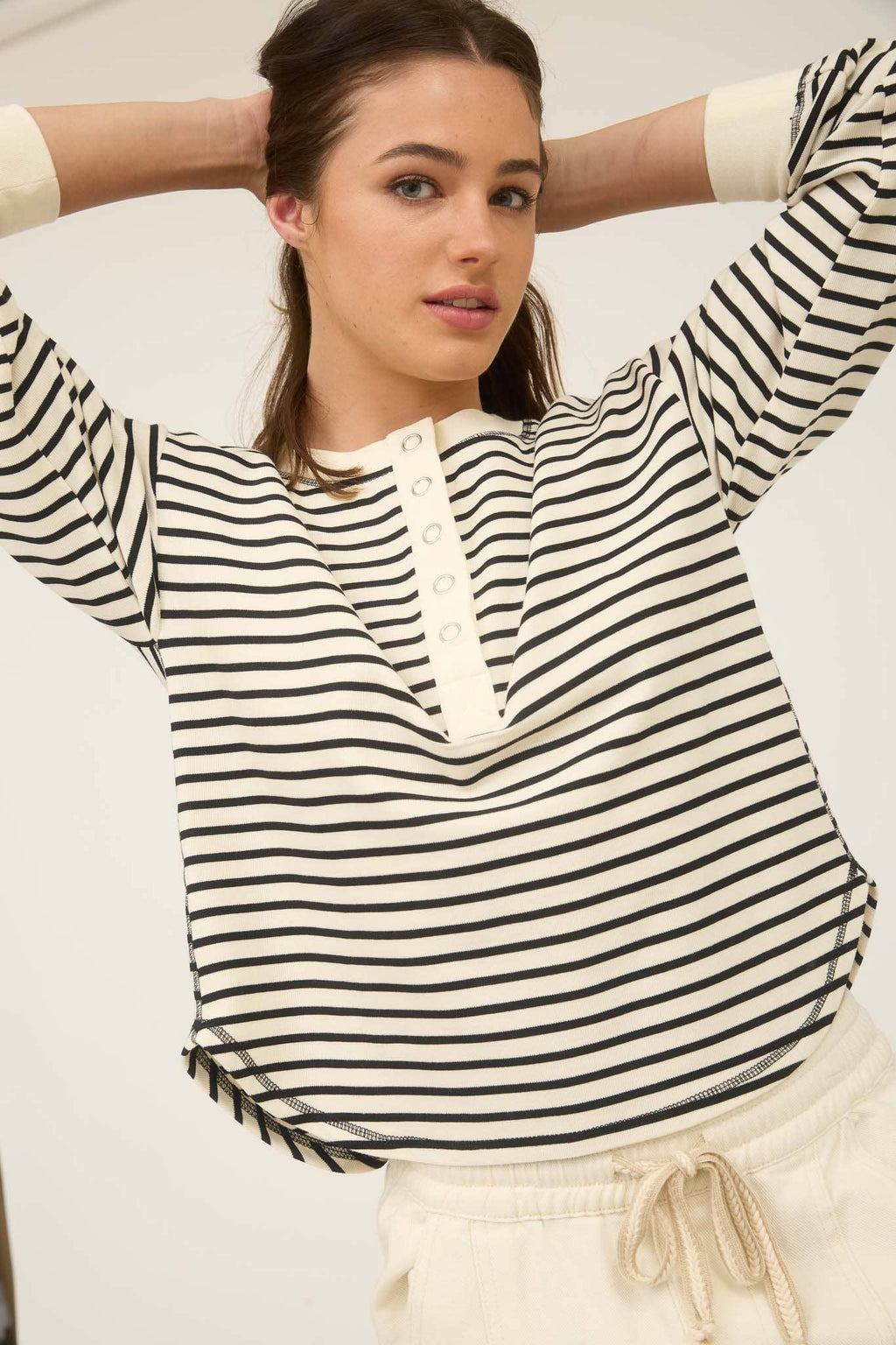 Stripe Henley Button Knit Top