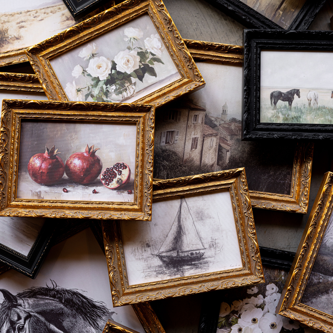 Grazing Horses French Brass Gold Mould Framed Art