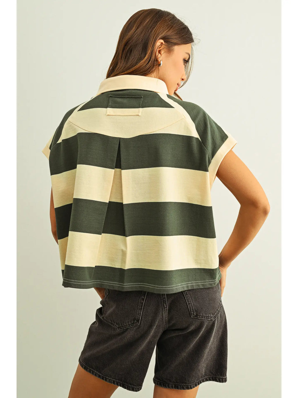 Wide Stripe Polo Shirt in Green Beige