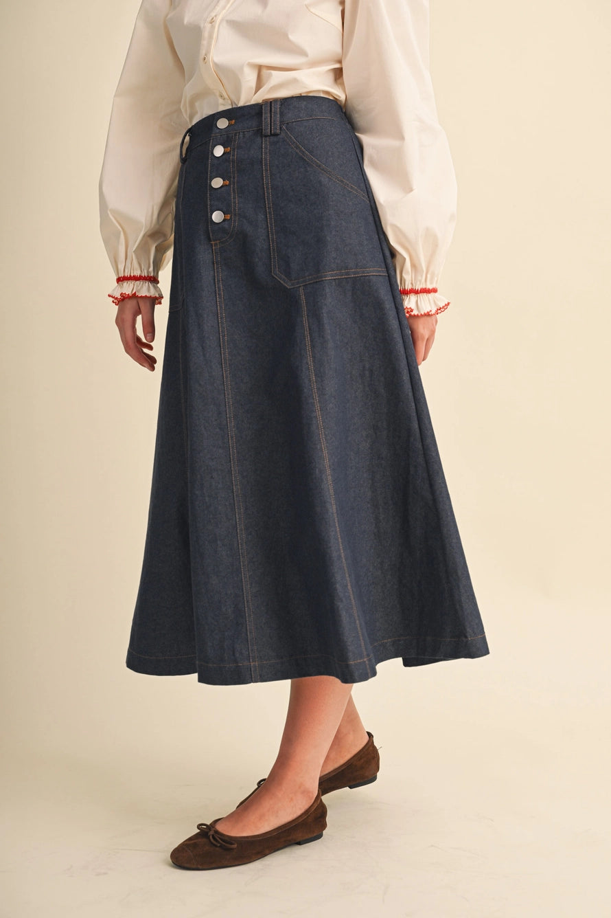 Denim A-Line Midi Skirt