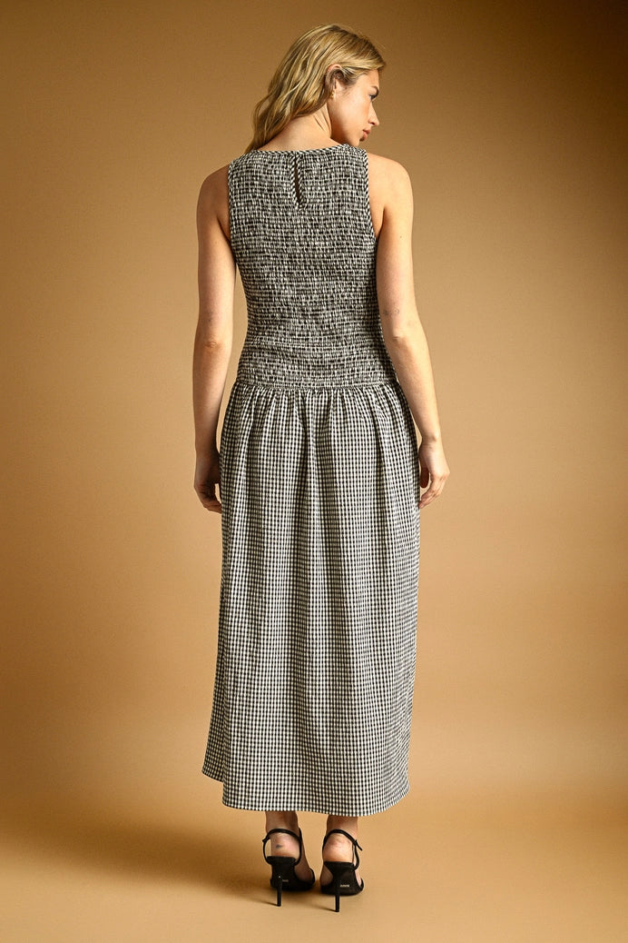 Mini Gingham Sleeveless Long Dress in Black