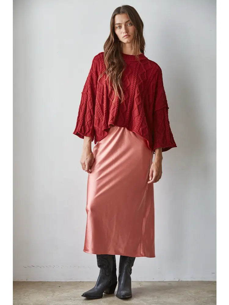 Knit Cable Pullover Sweater in Wine