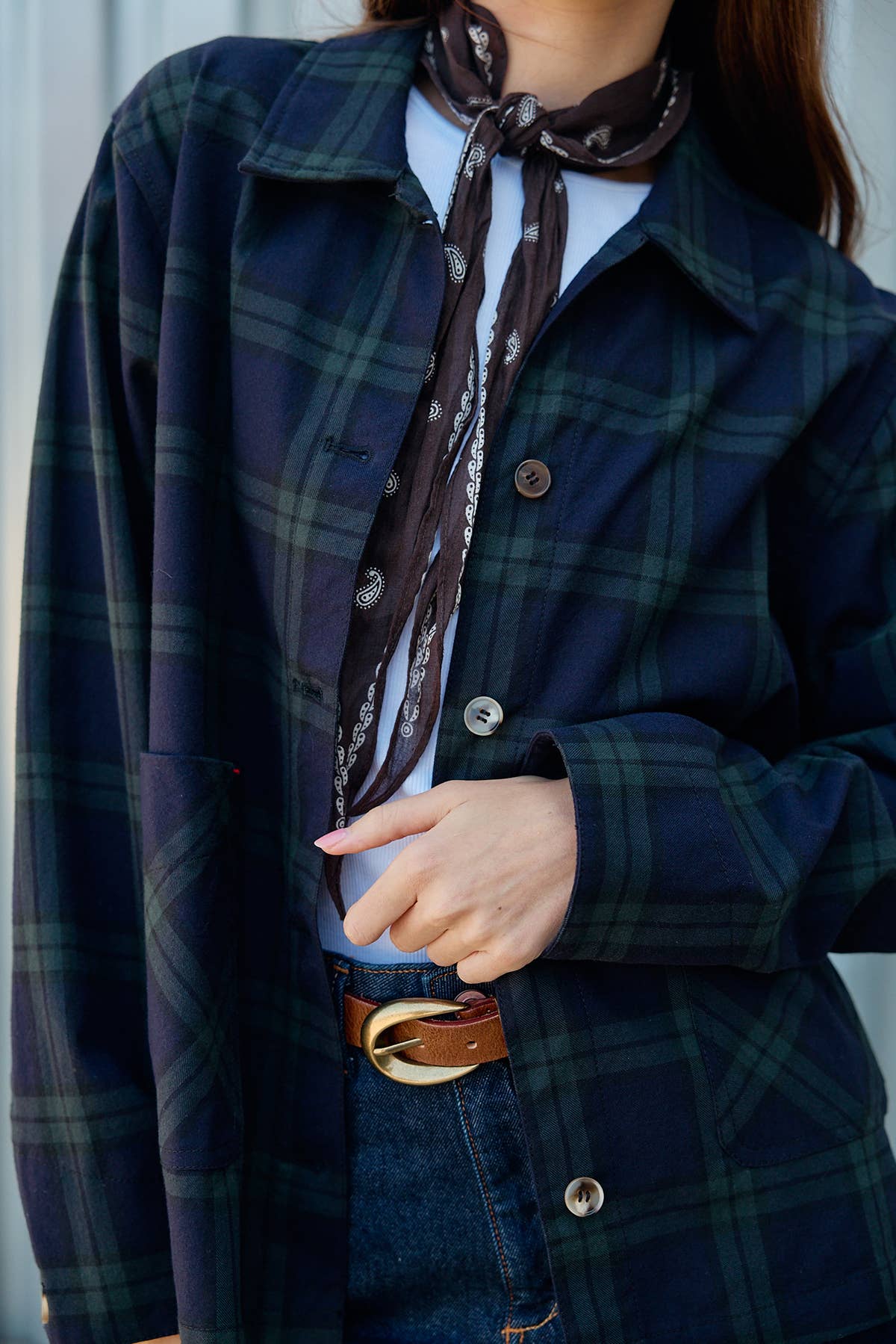 Navy Plaid Button Front Pocket Jacket