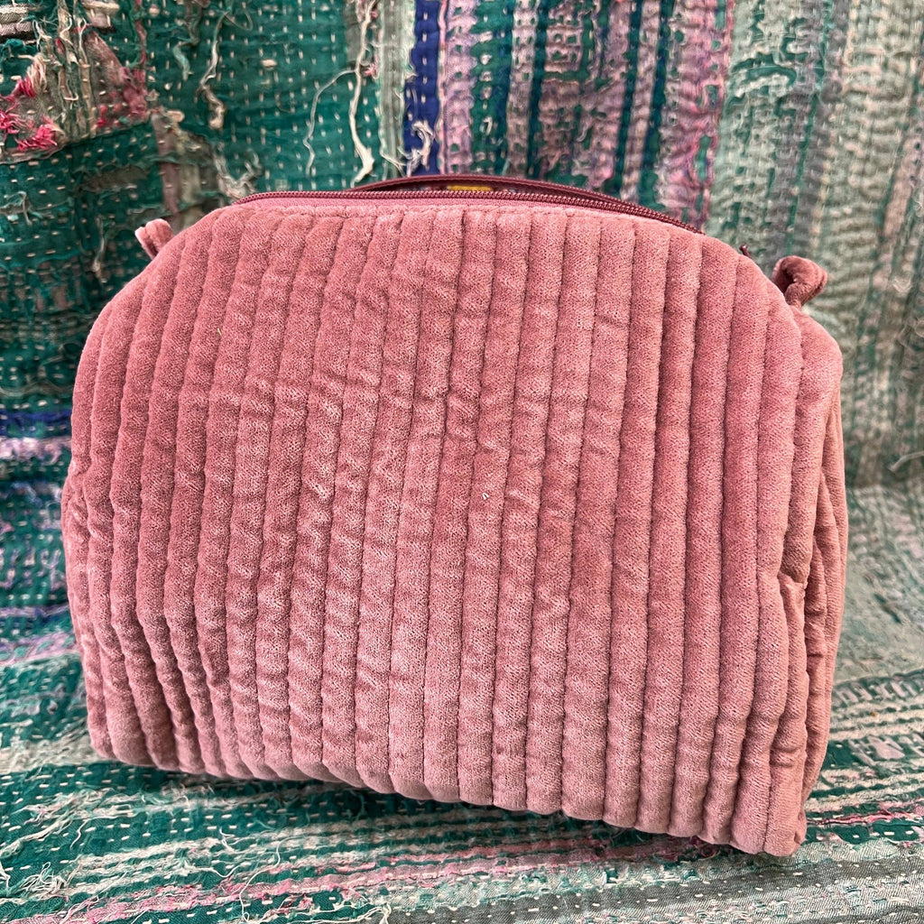 Mauve Velvet and Block Print Lined Cosmetic Pouch