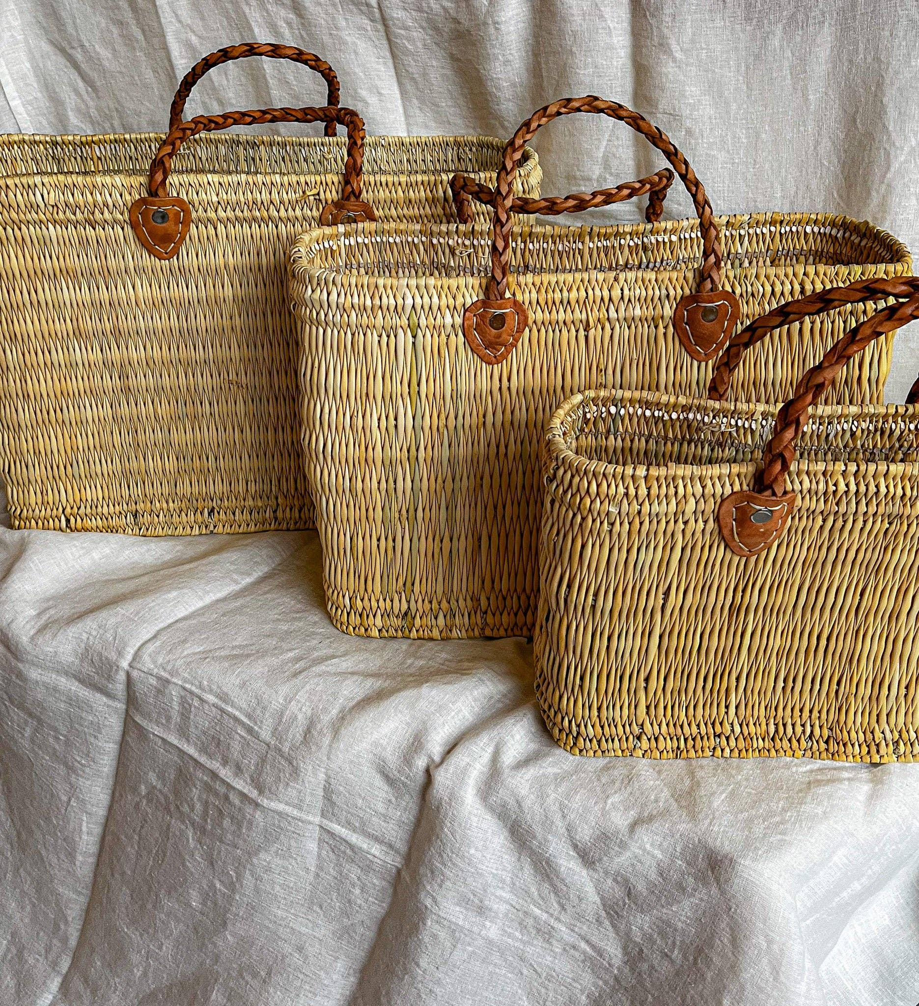 Reed Basket with Thin Leather Handles