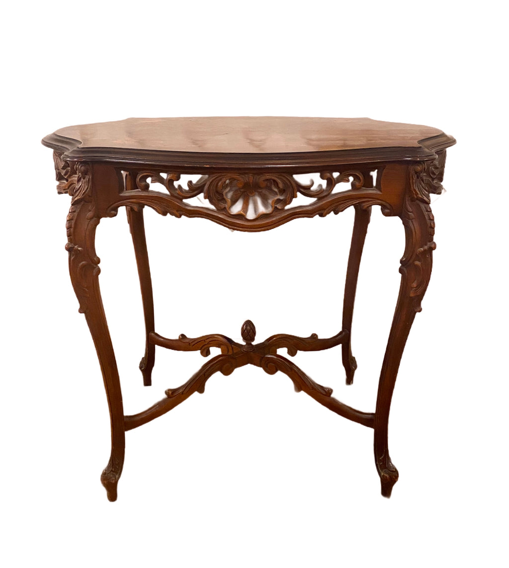 French Inlaid Hand Carved Walnut Table