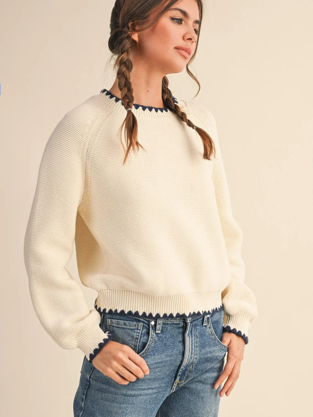 Contrast Stitch Puff Sleeve Sweater