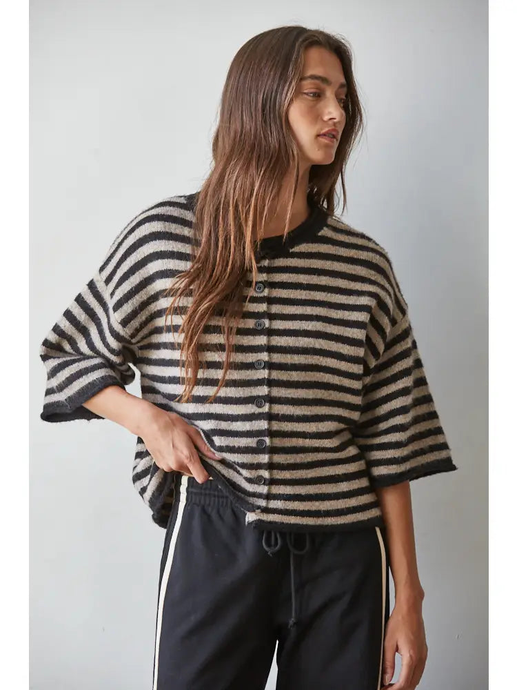 Striped Quarter Sleeve Cardigan