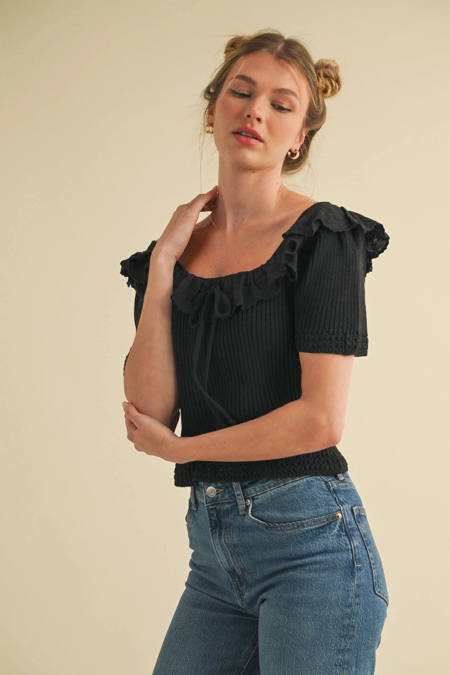 Black Ruffle Trim Short Sleeve Sweater