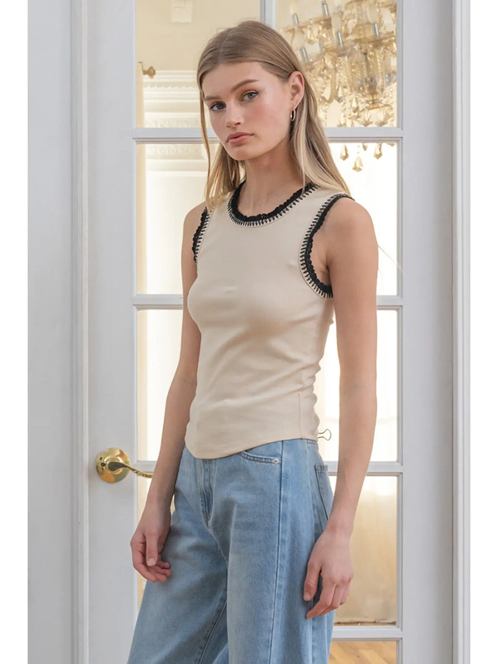 Contrast Crochet-Trim Rib Tank Top in Cream
