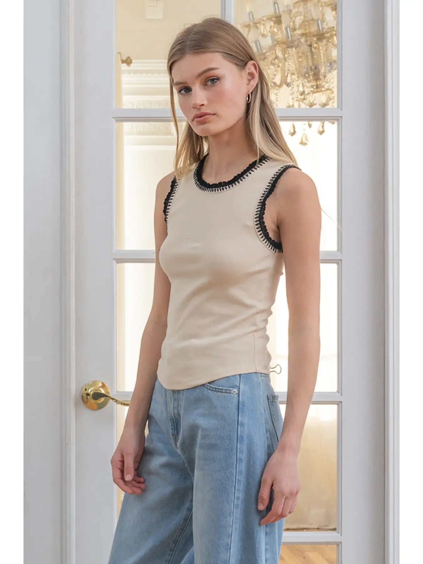 Contrast Crochet-Trim Rib Tank Top in Cream