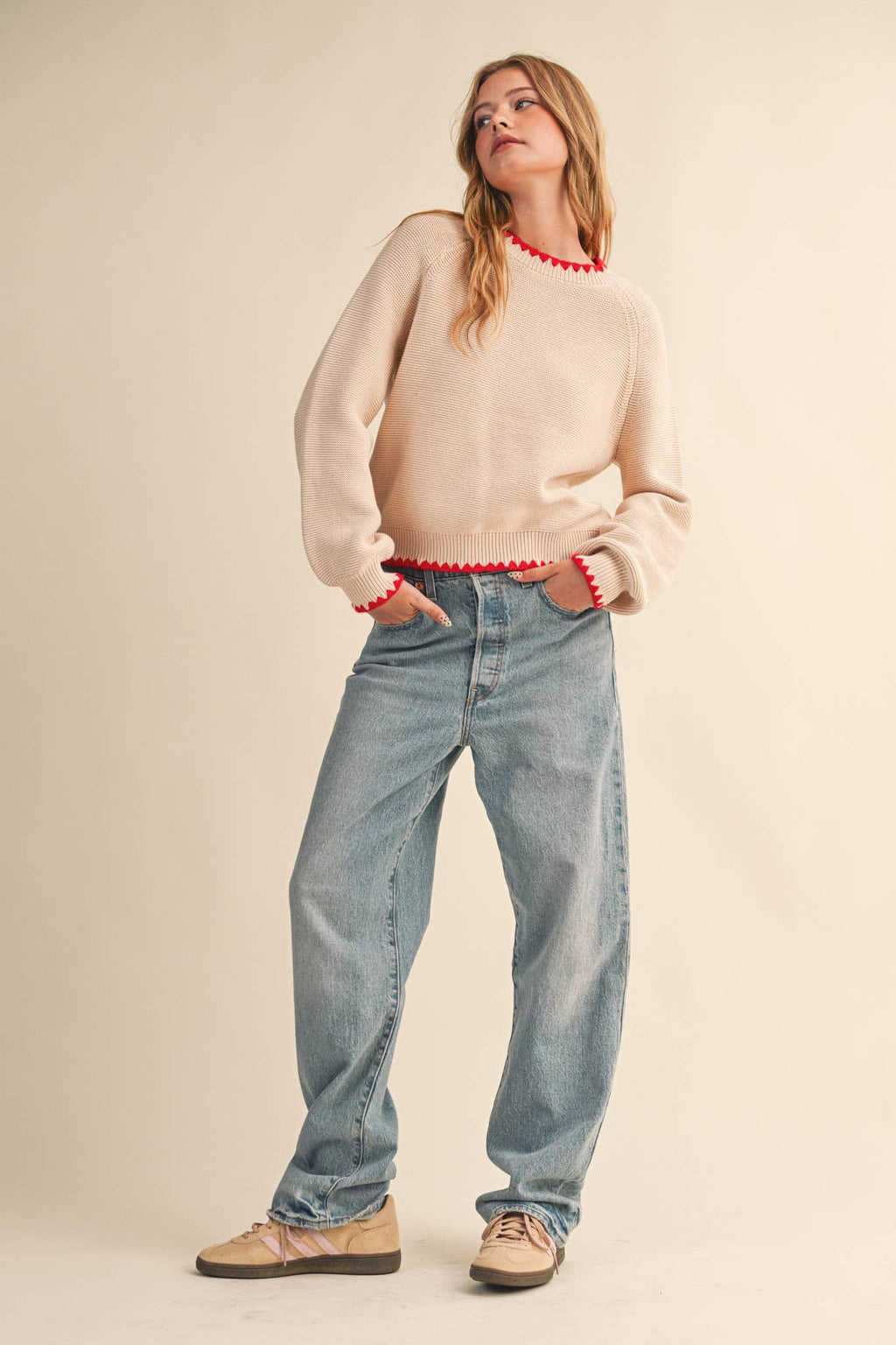 Contrast Stitch Puff Sleeve Sweater