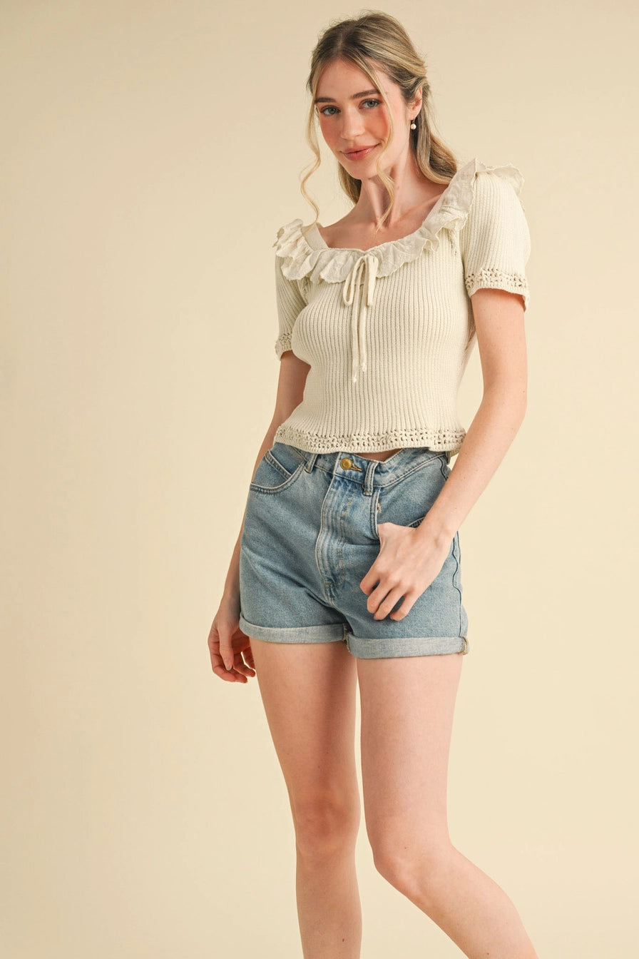 Ecru Ruffle Trim Short Sleeve Sweater