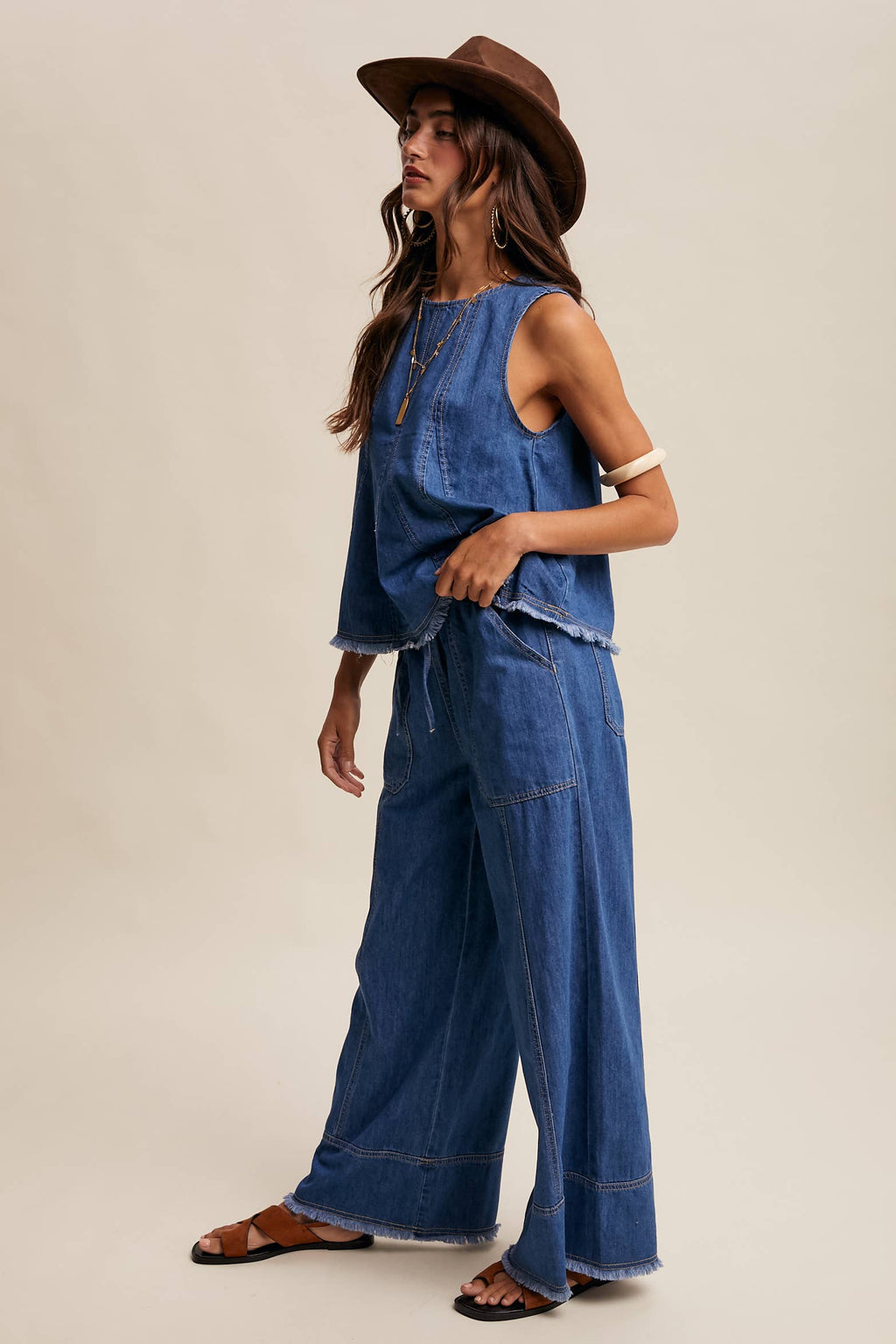 Washed Denim Tank & Wide-Leg Pants Set