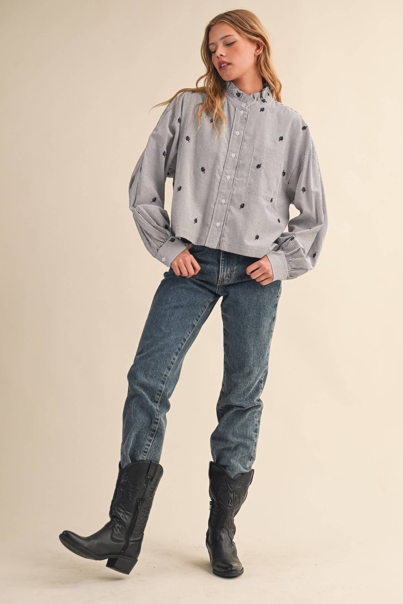 Embroidered Mock Neck Striped Button Up