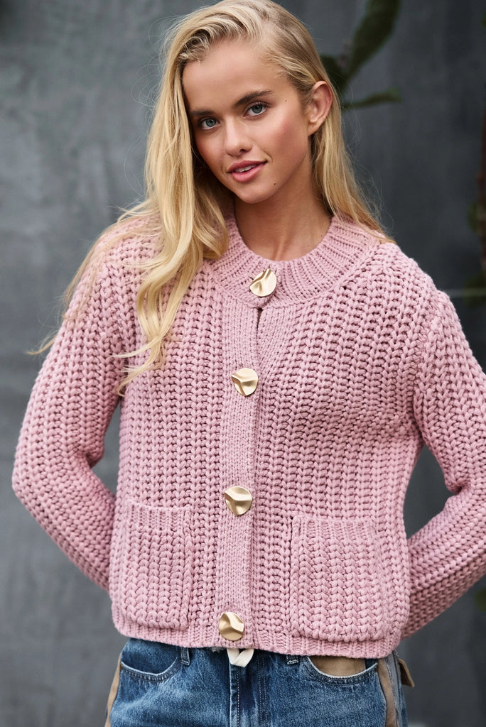 Chunky Gold Button Ribbed Knit Cardigan