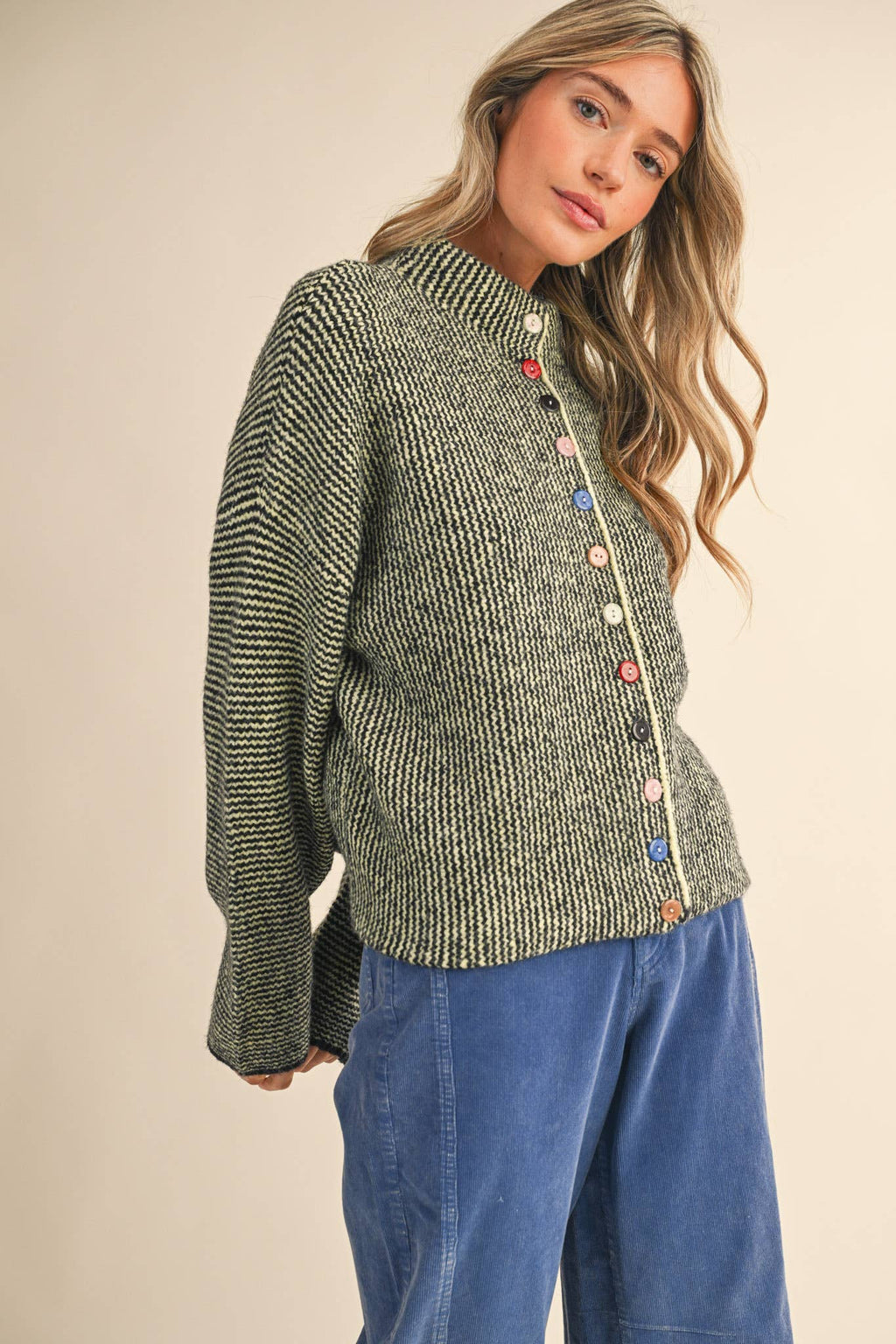 Striped Sweater Cardigan with Colorful Buttons