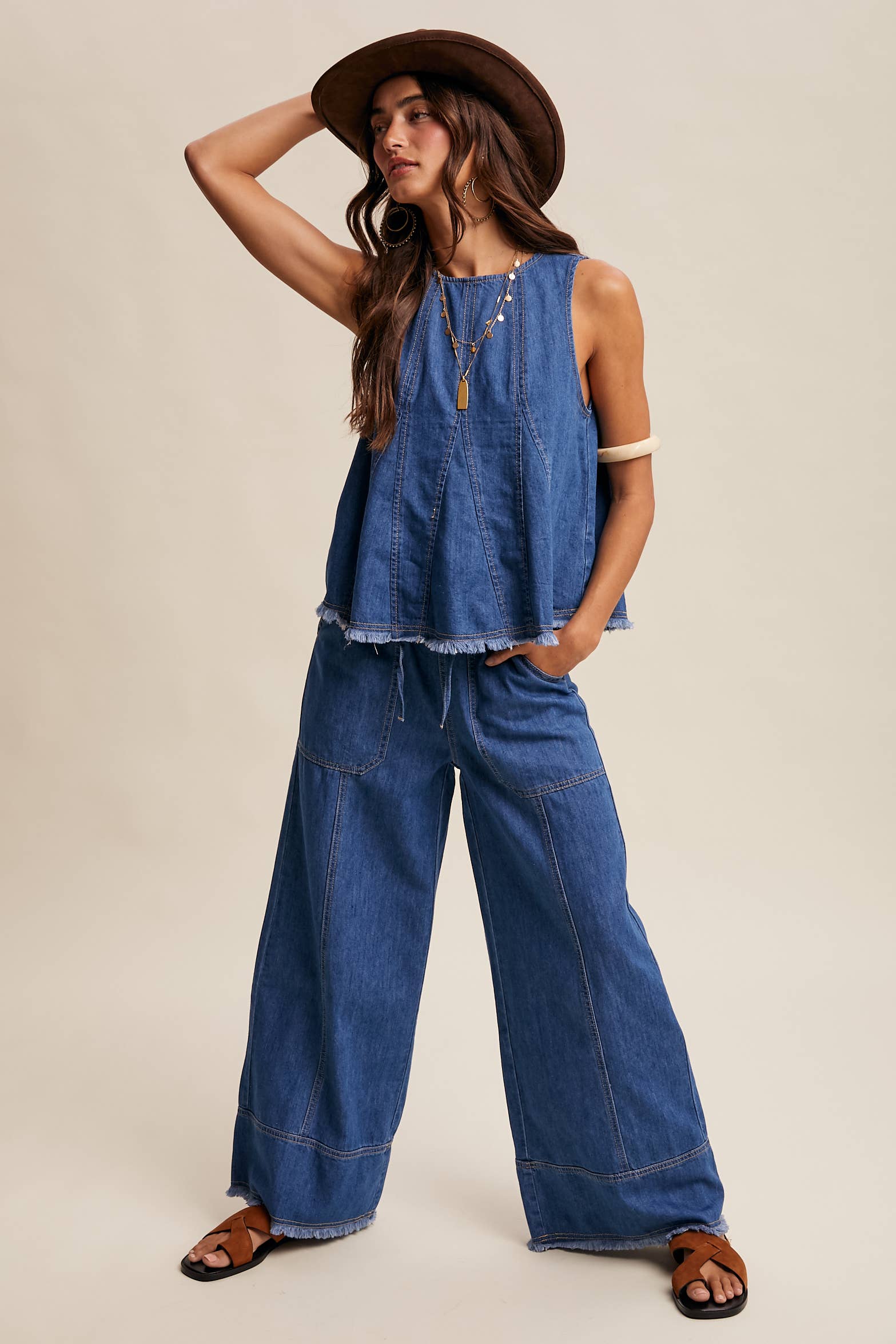 Washed Denim Tank & Wide-Leg Pants Set