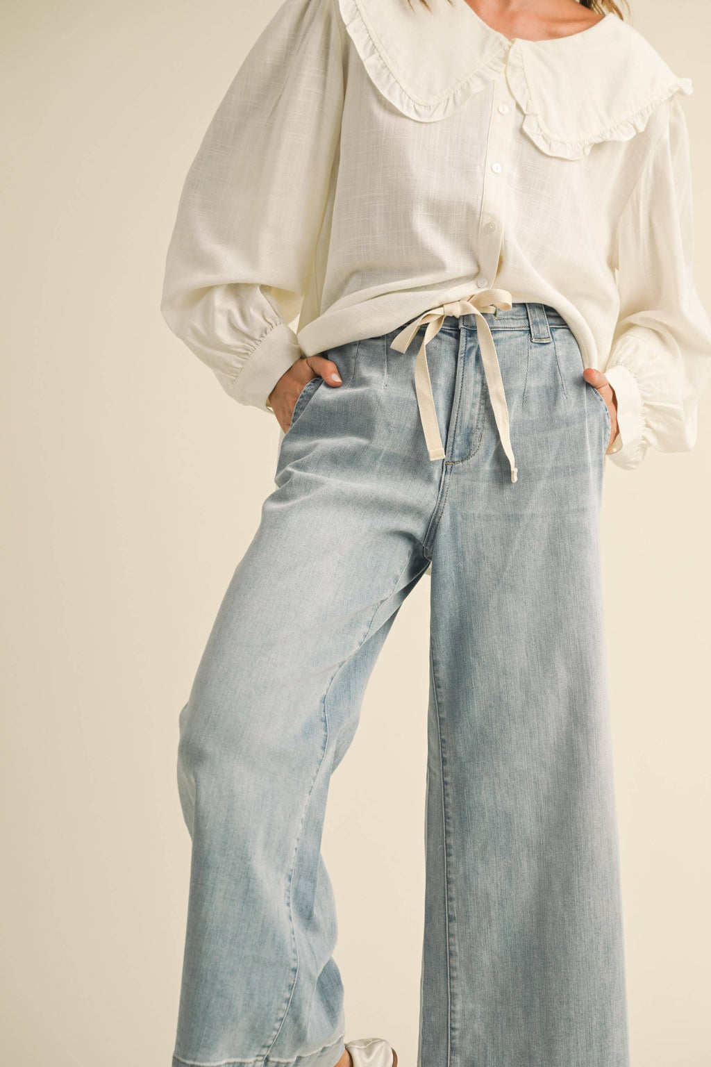Washed Denim Front Tie Pants
