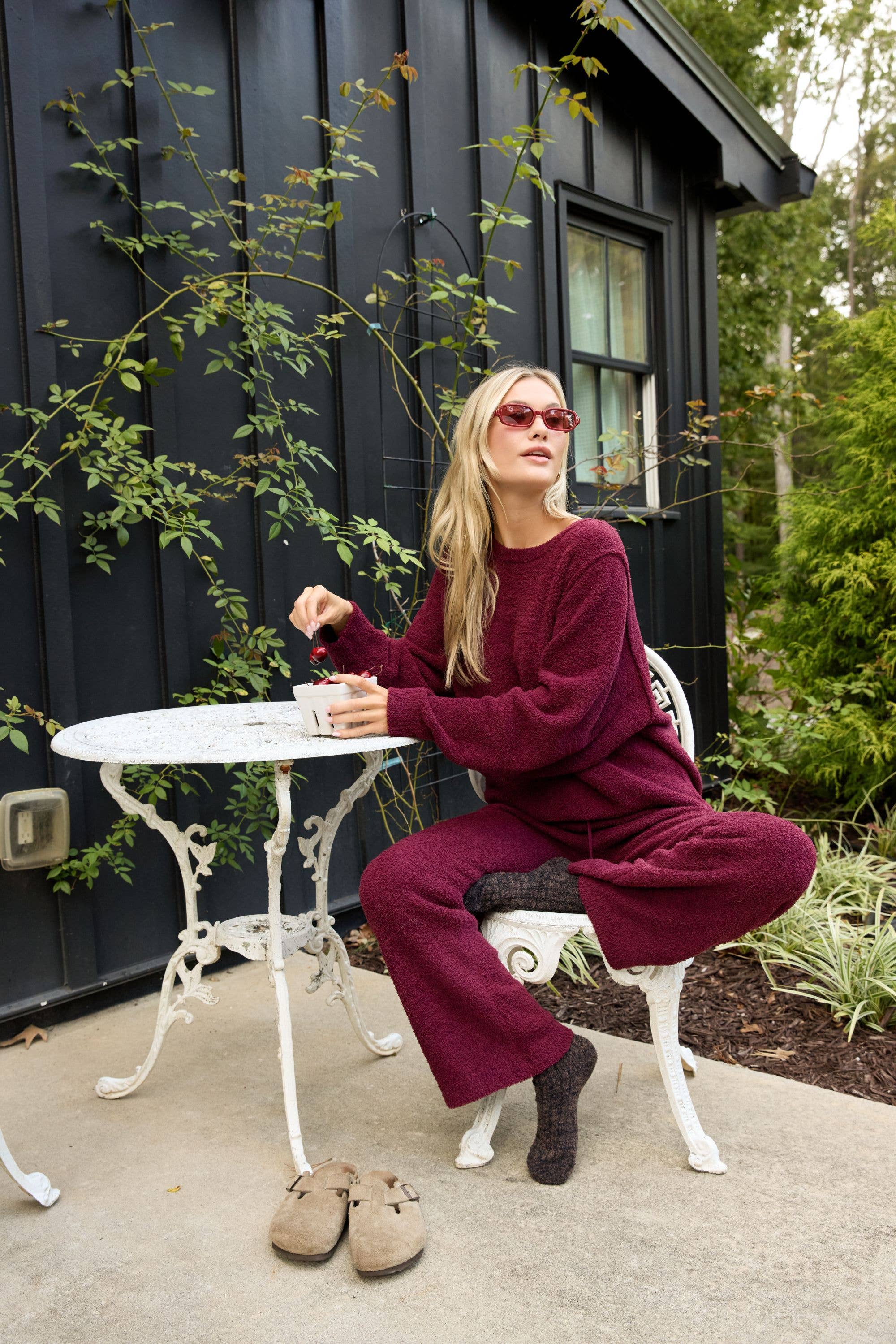 Solid Marshmallow Reverse Seam Crew Neck Lounge Set with Bracelet Sleeve