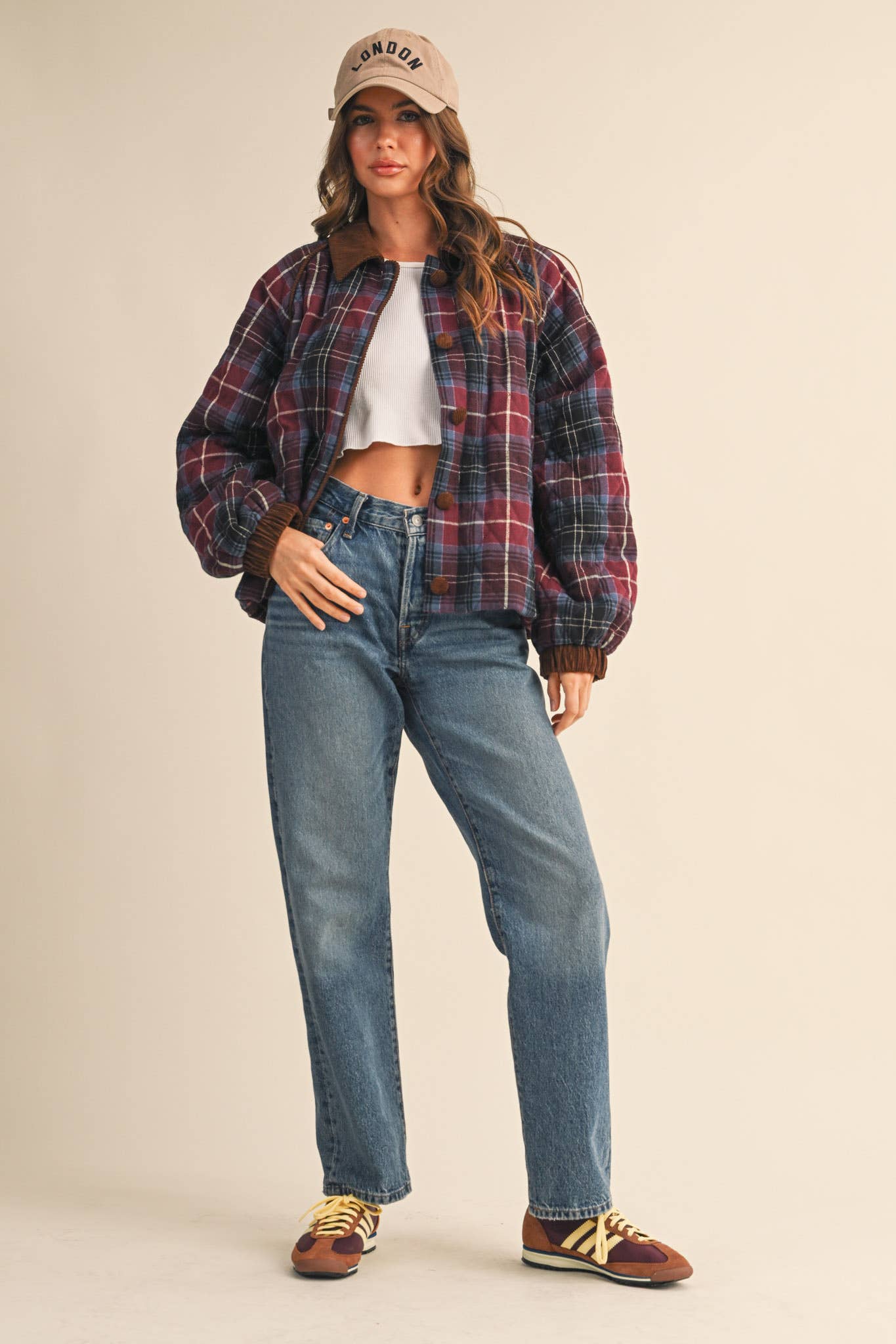 Plaid Quilted Jacket with Contrast Corduroy Detail