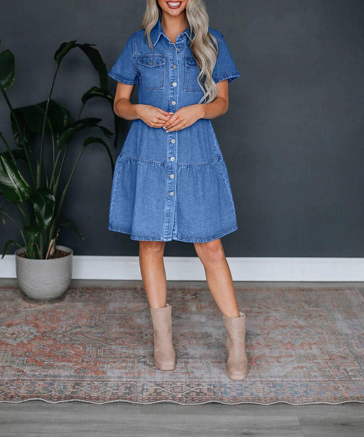Tiered Denim Shirt Dress