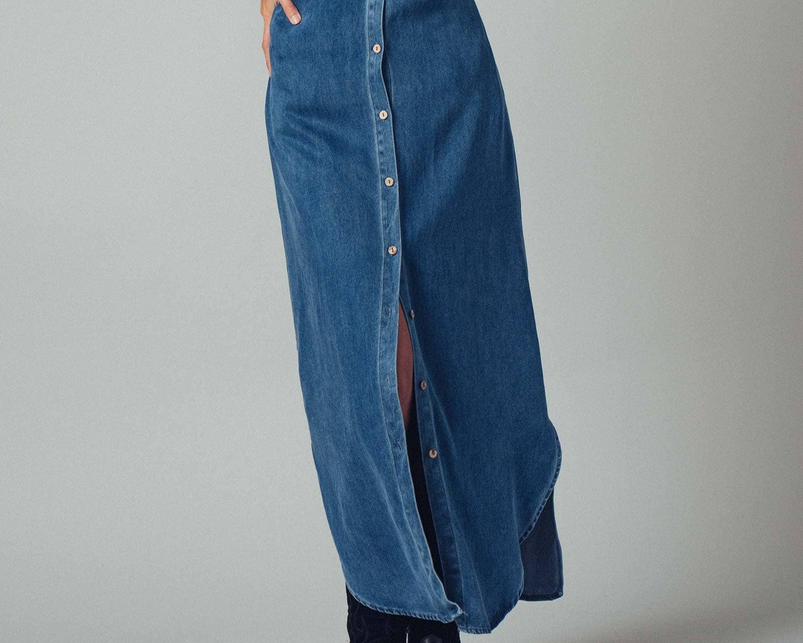 Button-Down Western Denim Midi Dress