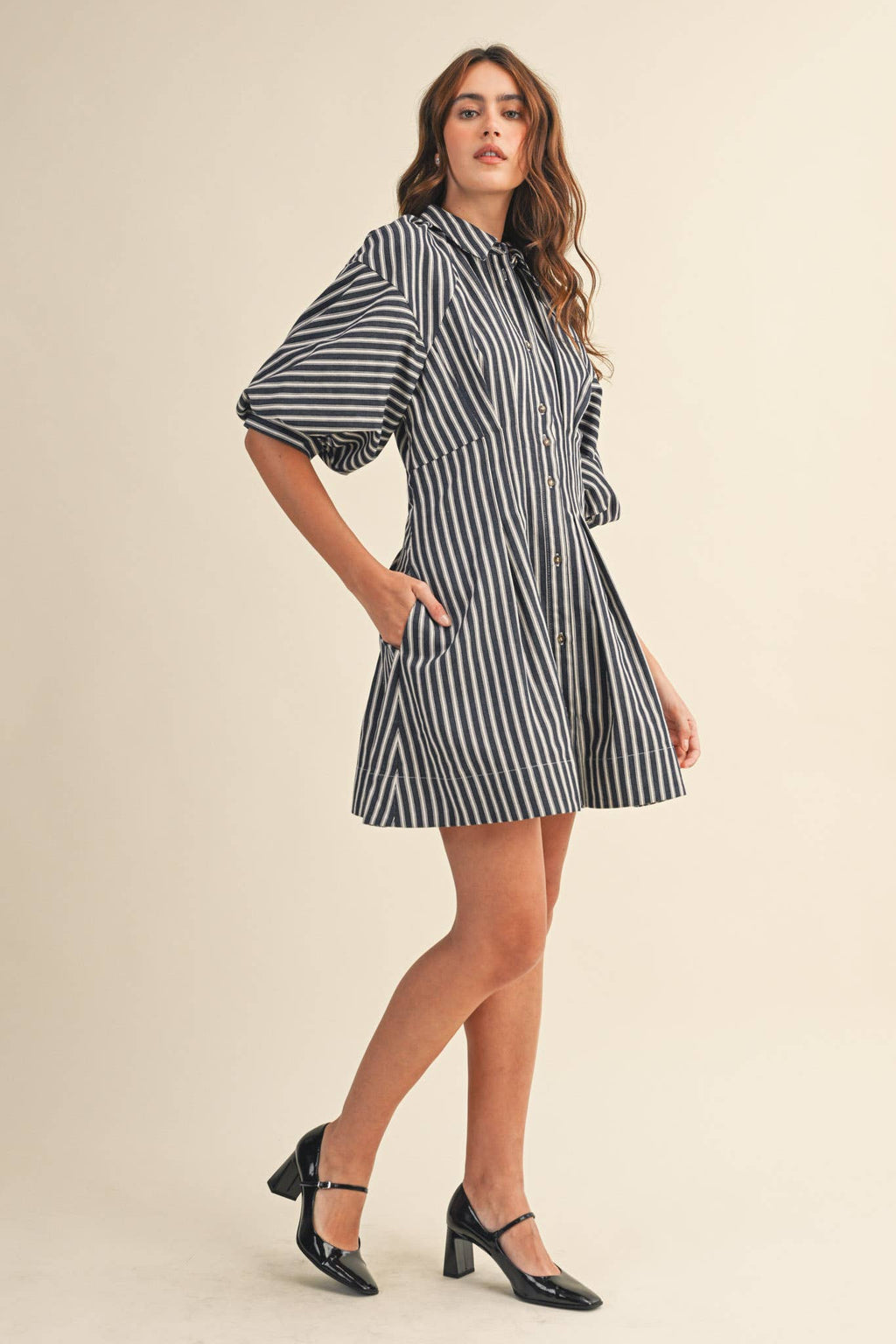 Striped Denim Bubble Sleeve Mini Dress