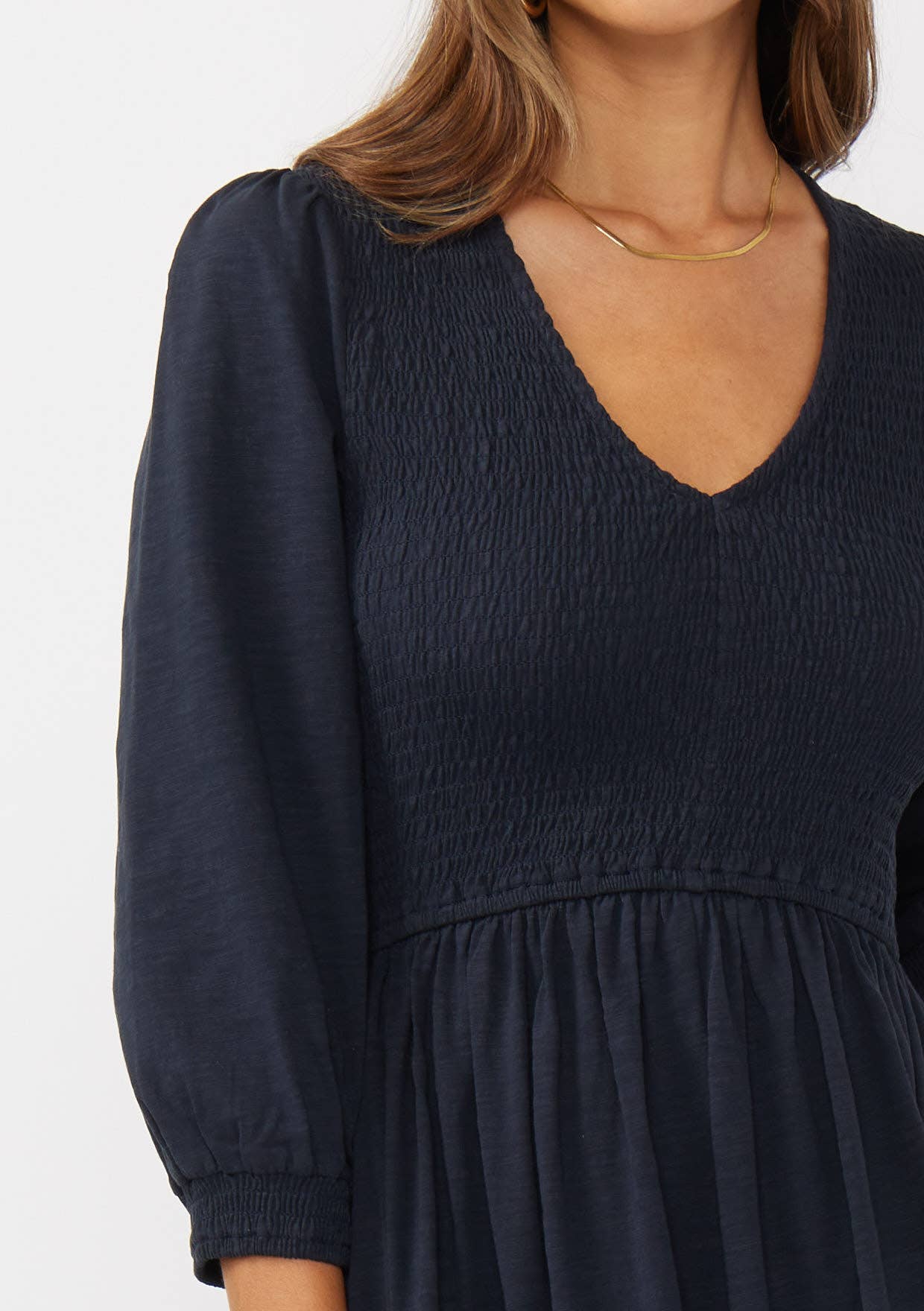 V-Neck Smocked Slub Knit Maxi Dress